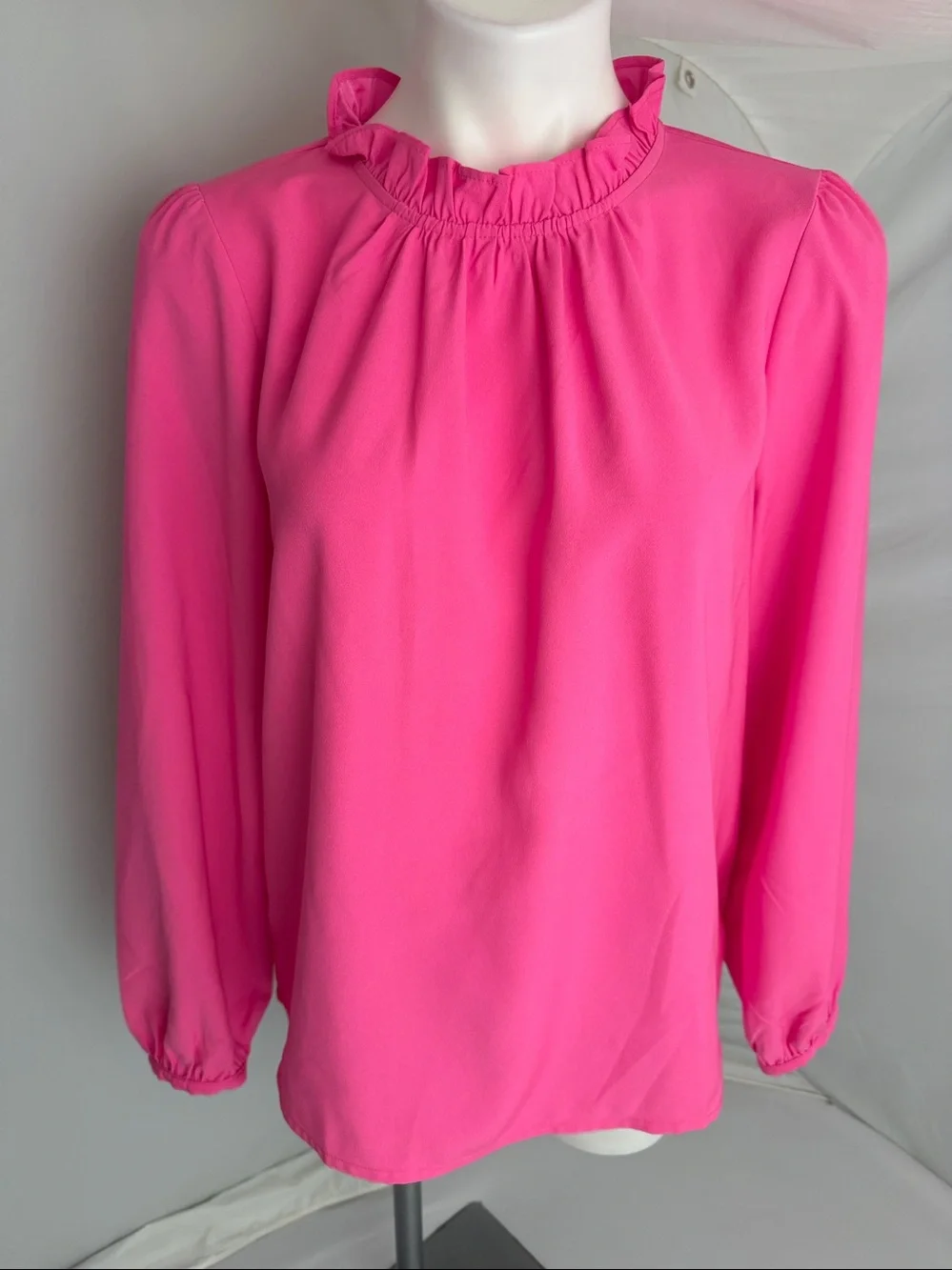 J. Crew neon tulip pink ruffle neck long sleeve high neck blouse